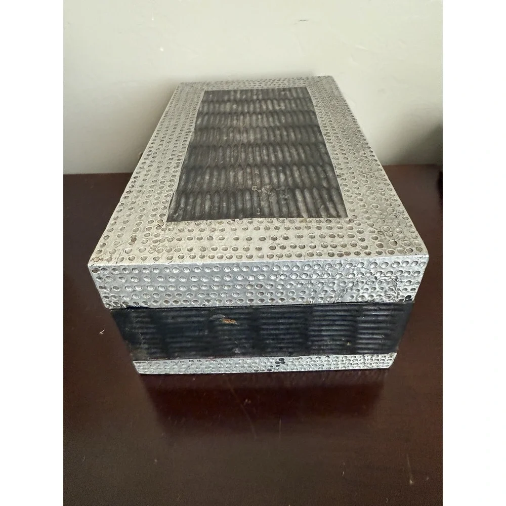 Vintage MCM Wood jewelery box  with silver Metal Accent storage organizer